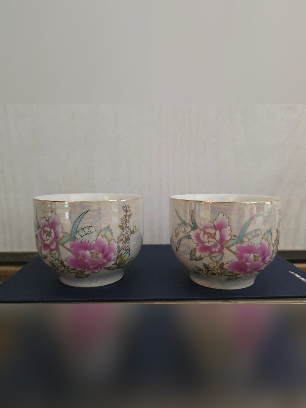 Vintage Ryu-Ho Sanyo Toki Iridescent Tea Cups Peony Floral Japan Set of 2